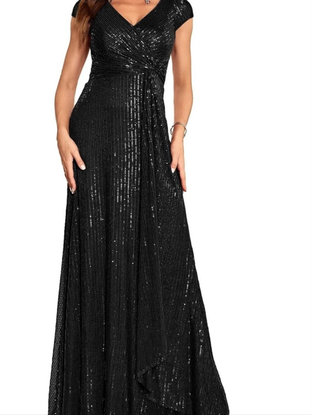 Meilun Short Sleeve Sequin Dress for Women Formal Evening Gowns Sparkly V Neck